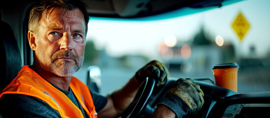 Truck driver focused on road, wearing safety vest and gloves.