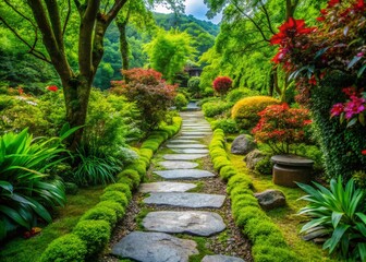 Obraz premium Tranquil Stone Pathway Through Lush Greenery Leading to a Peaceful Garden Retreat in Nature