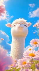 Obraz premium Smiling Alpaca in a Field of Flowers: A cartoon alpaca smiles up at the viewer, its soft white fur glowing in the warm sunlight. Surrounded by vibrant pink daisies and a clear blue sky.