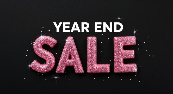 year end sale pink glittery shiny sparkling lettering on plain black background