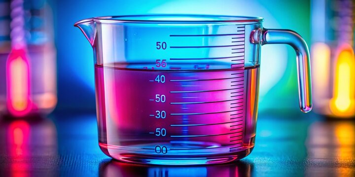 Transparent science measuring cup with clear markings for accurate liquid measurements in laboratory