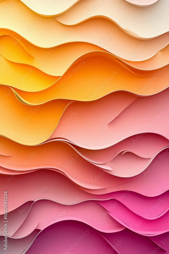 Poster layers of paper in warm hues undulate rhythmically, forming a striking composition that showcases th