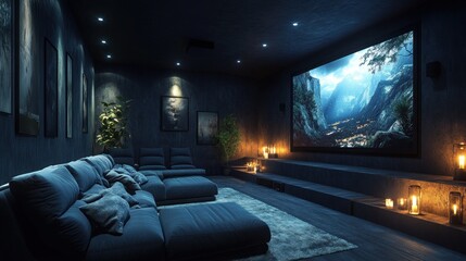 Cozy home theater with a large screen and ambient lighting.