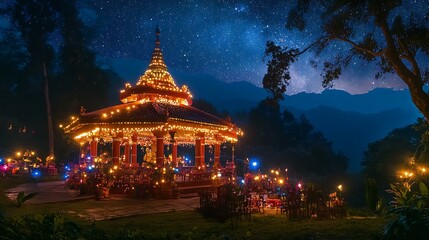 Obraz premium A scenic view of a temple adorned with lights and festive decorations under a starry sky during Dawali