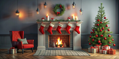 Christmas fireplace scene with red stockings and black decor, 3D illustration