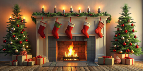 Christmas fireplace scene with red stockings and black decor, 3D illustration