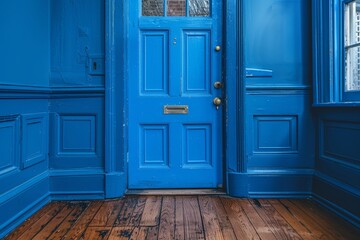 Obraz premium Illuminated open doorway in a tranquil blue hued empty space evoking serenity and mystery
