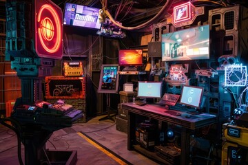 Obraz premium A virtual reality setup where players are immersed in a geek-themed adventure
