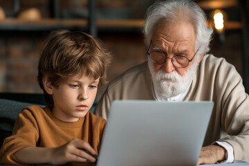 A grandfather and his grandson using a laptop together, both focused on the screen. The scene captures a moment of learning and bonding, highlighting the connection between generations