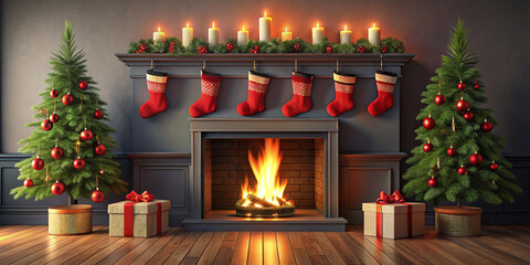 Christmas fireplace scene with red stockings and black decor, 3D illustration