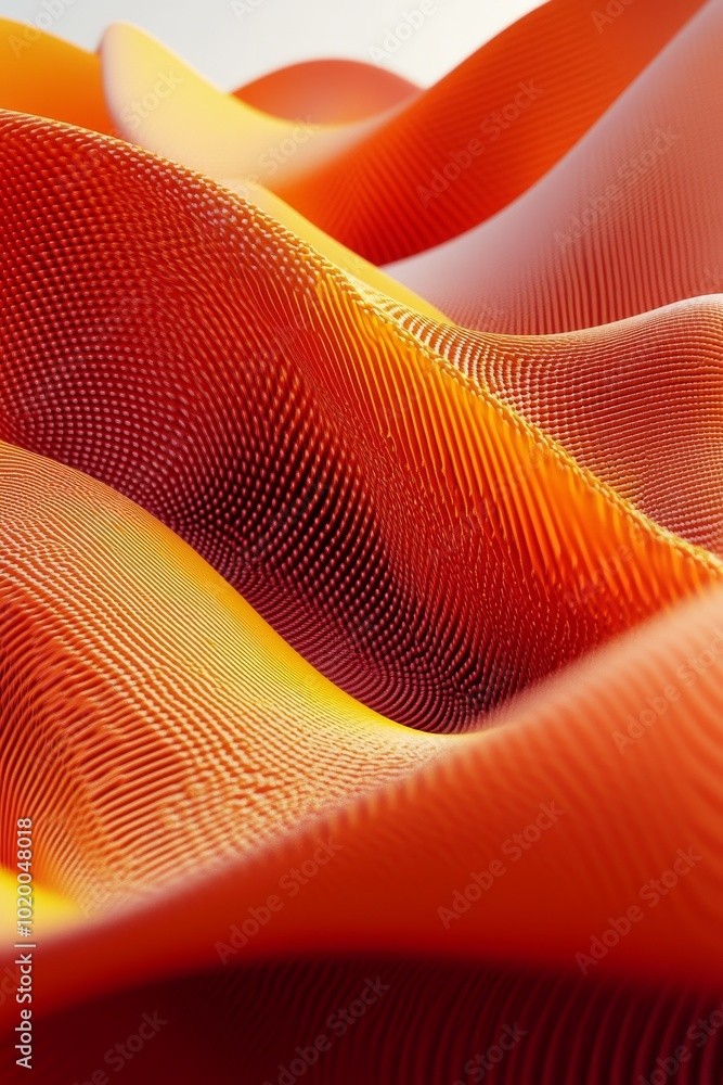 Poster the vibrant orange fabric flows gracefully, creating soft waves and undulating textures. warm light 