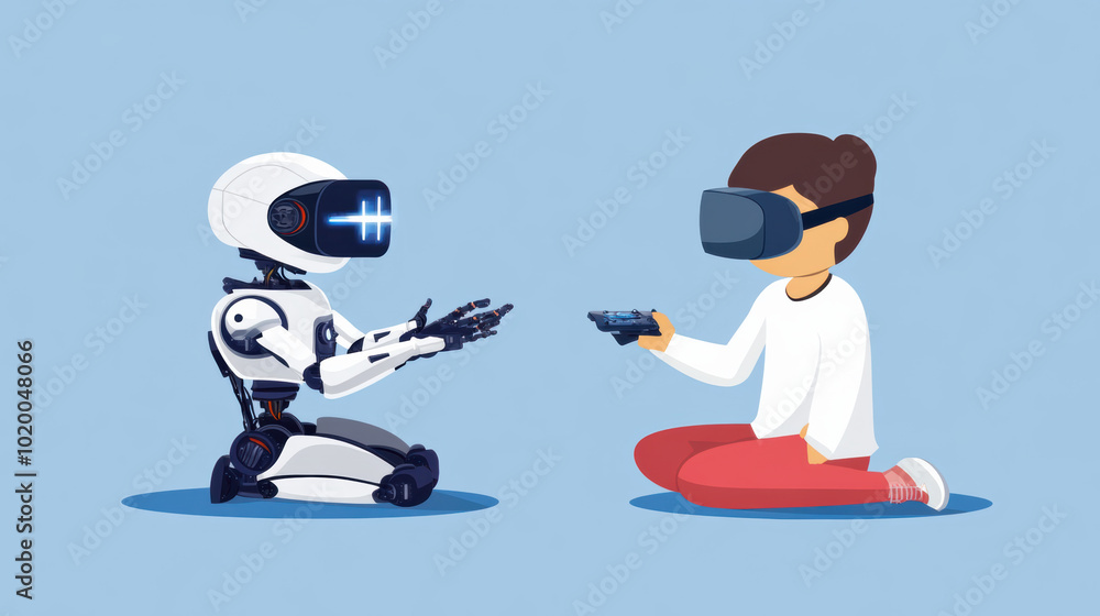 Aufkleber human and robot are engaged in virtual reality game, showcasing interaction between technology and p