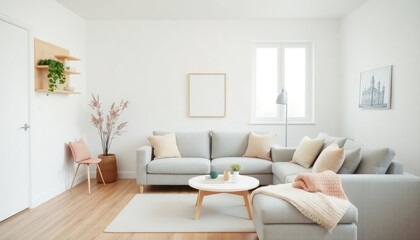 Living room with Scandinavian decor and soft pastel accents, featuring white walls, light oak floors, and a soft gray fabric sofa. The space is styled with pastel-colored throw pillows
