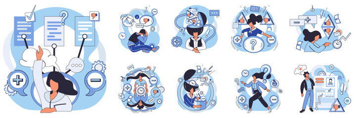 Critical thinking. Depictions of individuals engaging in reflective thought, problem-solving, and decision-making processes. Ideal for education, brainstorming, decision-making, problem-solving