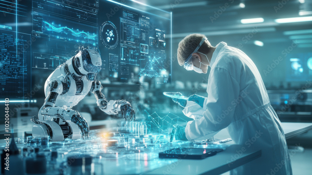 Poster human and robot collaborate in futuristic laboratory, showcasing advanced technology and innovation.