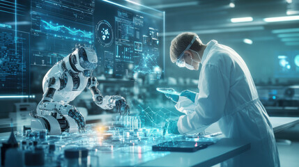 human and robot collaborate in futuristic laboratory, showcasing advanced technology and innovation. scene highlights teamwork and integration of robotics in scientific research