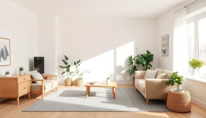 Scandinavian living room with a minimal, clean aesthetic, featuring soft beige walls, light wood furniture, and a gray wool rug. A few large plants add a touch of greenery to the space.