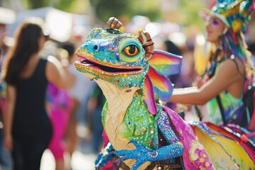 Naklejka premium A vibrant festival bursts with a whimsical parade of colorful animals, each displaying its distinct charm.