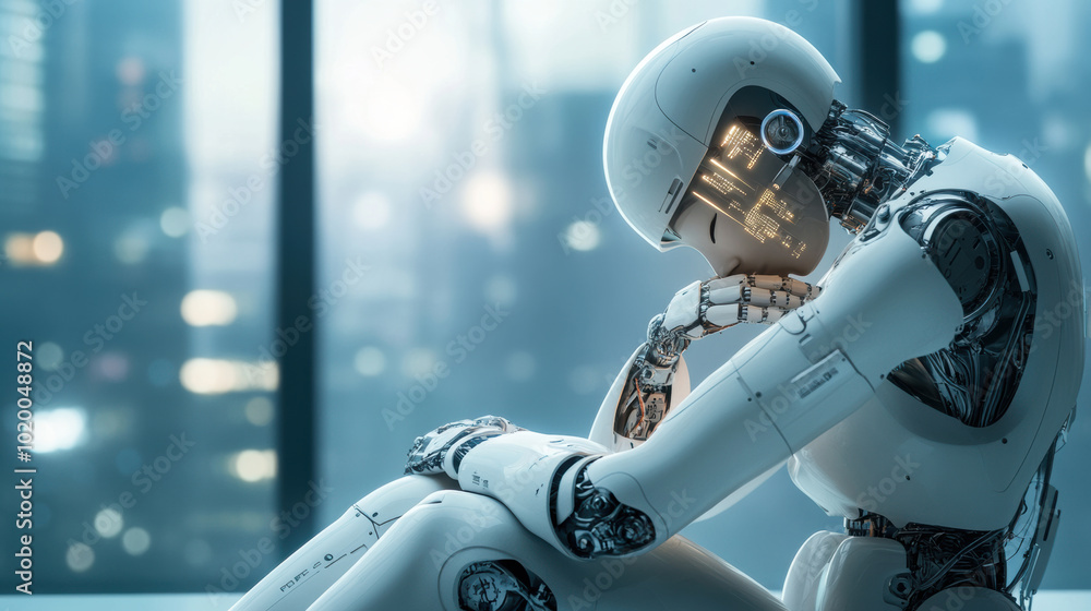 Poster humanoid robot appears contemplative, sitting with its head resting on its hand, reflecting sense of