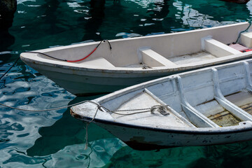 Obraz premium Tourist and divers boat at the dock in Rubiah Island Sumatera, Indonesia. Two fishing boats at the harbour in Sabang Island.