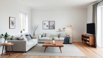 Scandinavian-inspired living room with a unique layout, featuring light gray walls, a cozy sectional sofa, and a sleek wooden coffee table. The decor is kept minimal for a spacious feel.