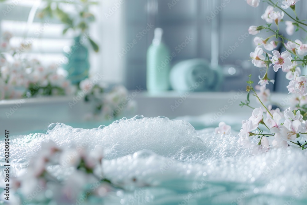 Poster a luxurious bath adorned with bubbly foam and fresh flowers creates a tranquil atmosphere perfect fo