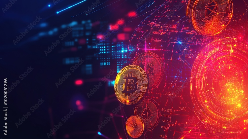 Poster Digital Cryptocurrency Concept with Bitcoin and Data Visualization