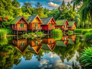 Obraz premium Unique Swamp Housing Surrounded by Lush Greenery and Water Reflecting the Tranquil Natural Environment
