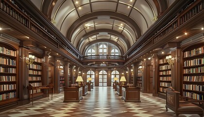 Fototapeta premium Library interior with bookshelves and tables