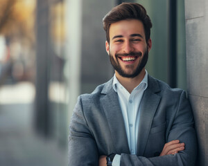 Fototapeta premium Confident Smiling Businessman in Formal Grey Suit Outdoors on Bright Day