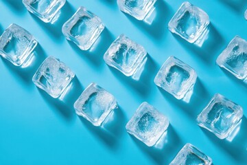Obraz premium Neatly arranged ice cubes on a bright blue surface, highlighting clarity and geometry