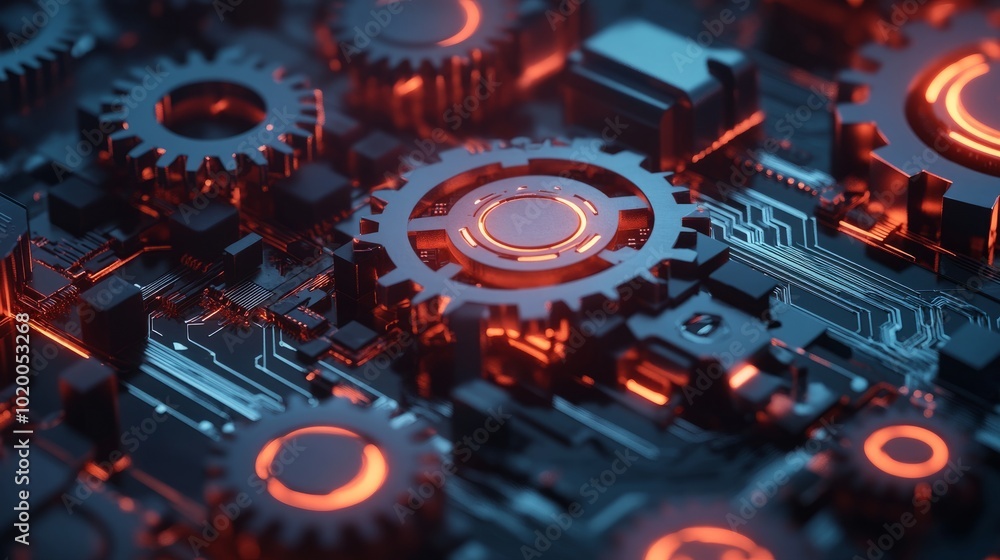 Poster a 3d rendering of gears intertwined with circuit boards, symbolizing the synergy between technology 