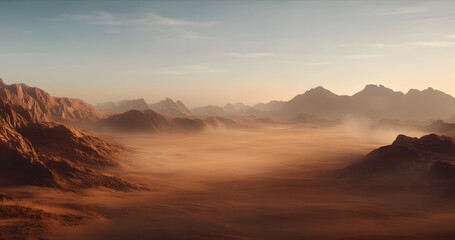 A vast, red desert landscape on Mars with mountains in the background.