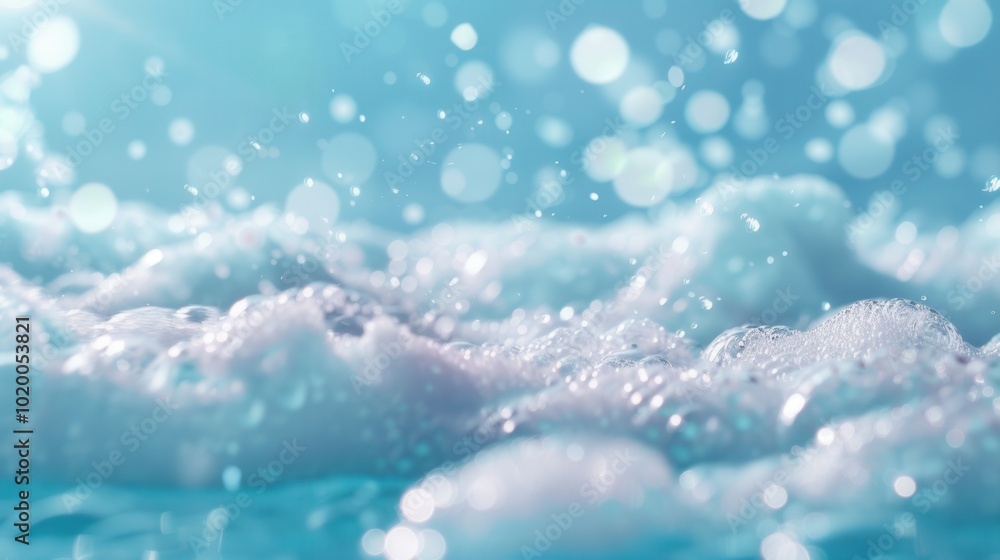 Poster The surface of a bath is covered in fluffy white foam bubbles, reflecting soft light in a soothing blue environment, perfect for relaxation. Generative AI
