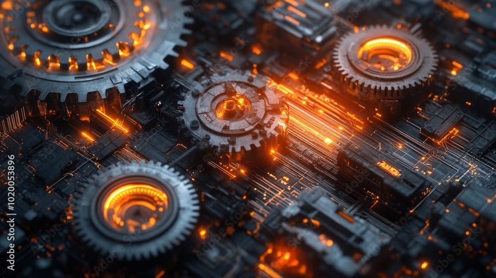 Poster a dynamic composition of mechanical gears and glowing circuits, symbolizing the perfect synergy betw