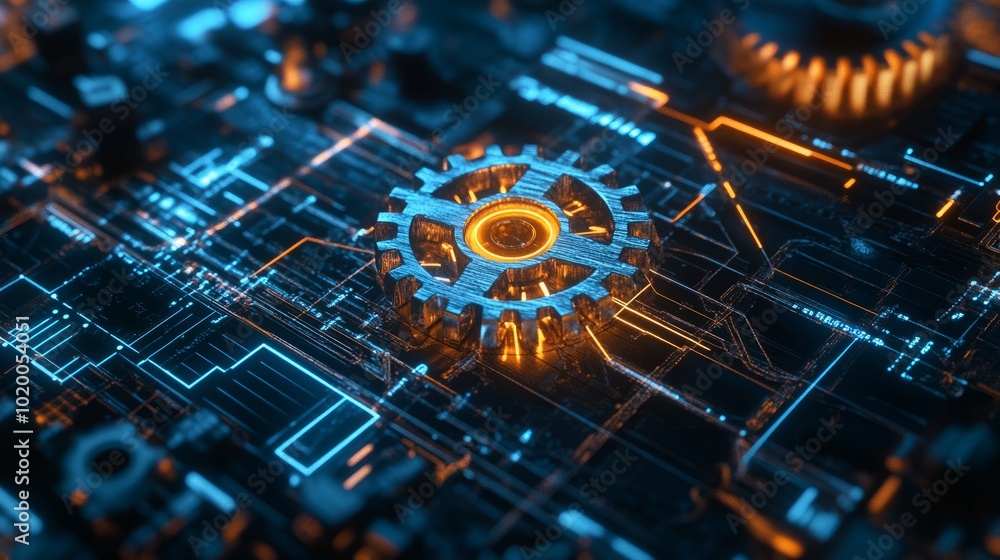 Poster a futuristic design of gears turning within a network of circuits, representing the synergy between 