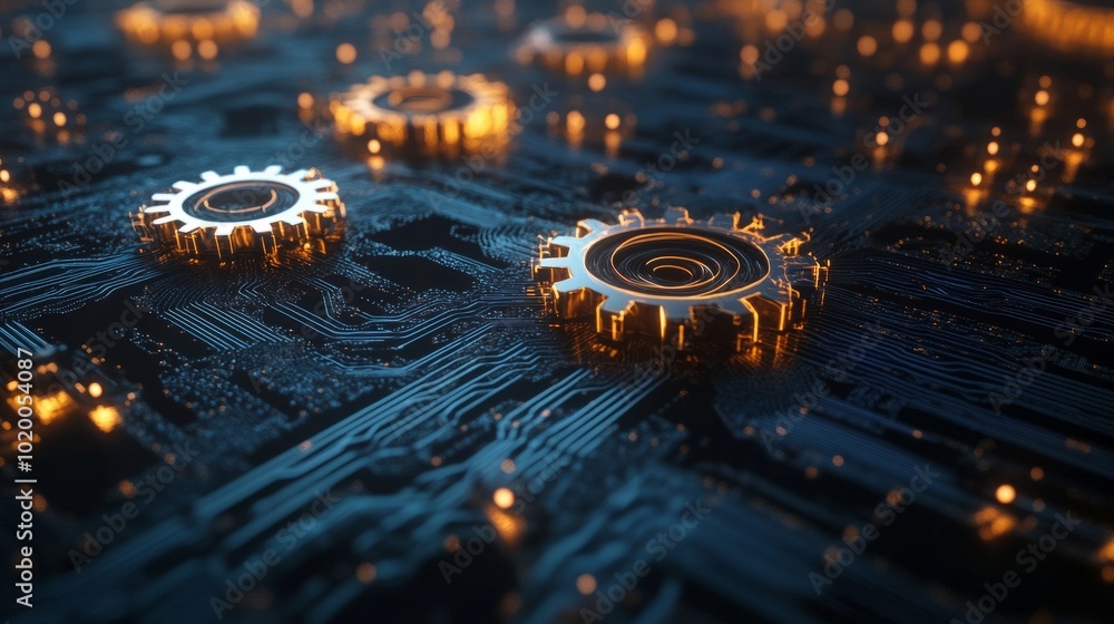 Poster a futuristic design of gears turning within a network of circuits, representing the synergy between 