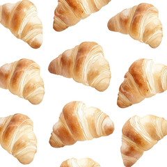 Watercolor seamless pattern of croissants, isolated on a white background, with delicate brushstrokes and artistic detail. cutout png