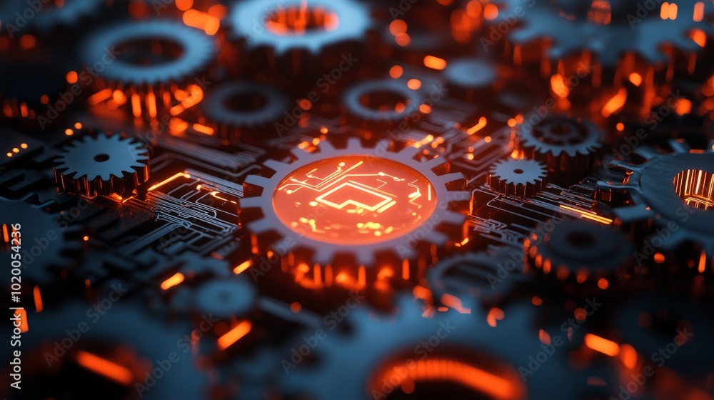 Poster a glowing digital circuit running through interlocking gears, representing the infusion of technolog