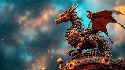 Fototapeta premium Steampunk Dragon Perched on Rusted Tower