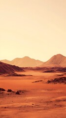 A vast, red desert landscape on Mars with mountains in the background.