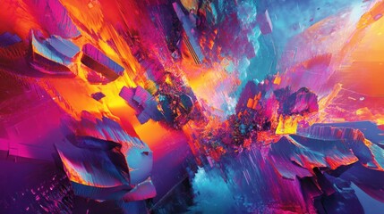 3D glitch art background with distorted geometric forms and vibrant neon colors, creating a futuristic, edgy aesthetic.