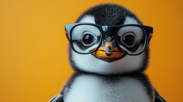 High-resolution photograph of a penguin wearing sunglasses with a funny expression, set against an orange background, featuring intricate details and volumetric lighting
