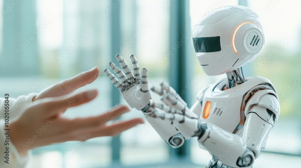 Poster person is using robot companion to assist in rehabilitation, showcasing interaction between human an