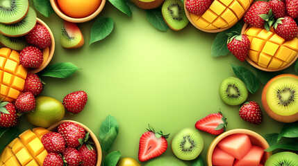 A vibrant arrangement of fresh fruits including strawberries, mangoes, kiwis, and oranges, set on a bright green background for a refreshing look.