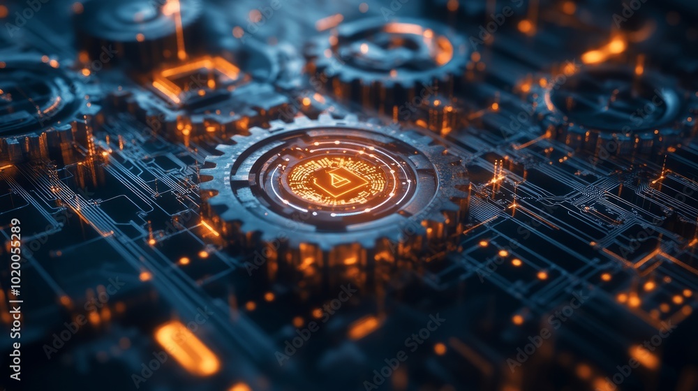 Poster a visual blend of gears and computer circuits, illustrating the balance between mechanical processes