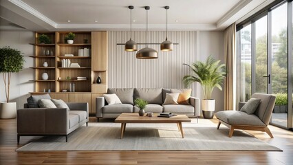 Fototapeta premium Contemporary minimalist living rooms showcase chic furniture, promoting an uncluttered aesthetic that updates modern interiors with elegance and tranquility in everyday environments.