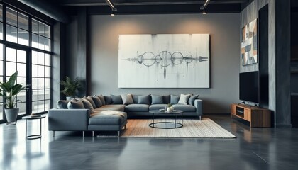 Sleek industrial living room with minimalist decor, featuring a gray sectional, polished concrete floors, and an oversized art piece that makes a statement.