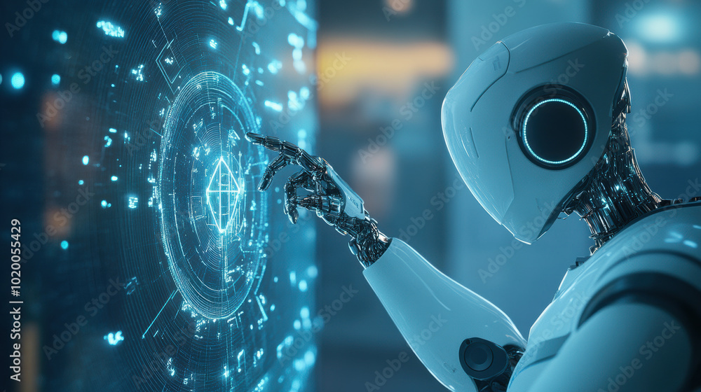 Poster robot interacting with digital interface, showcasing advanced technology and collaboration. scene hi