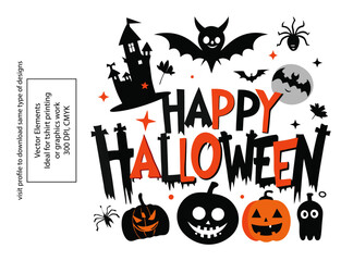 Spooky Halloween Vector Art Haunted House  Bats Pumpkins  and Creepy Creatures in Festive Typography